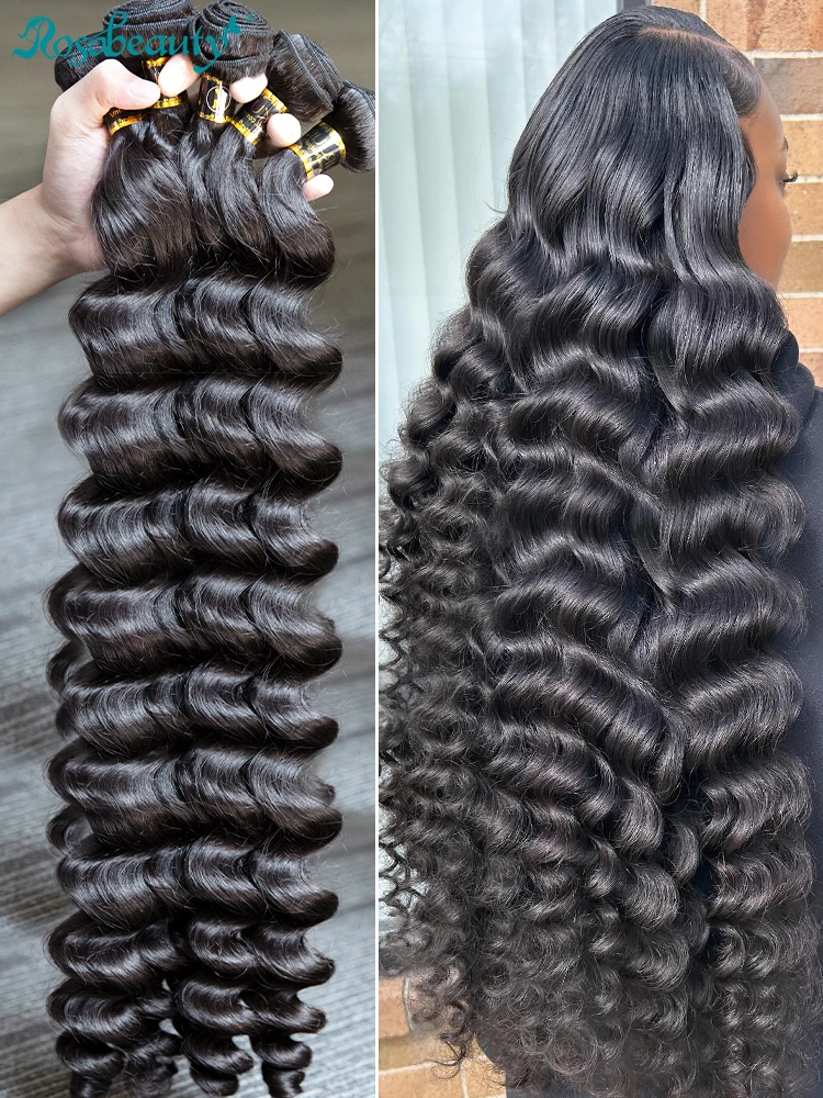 Rosabeauty Loose Deep Wave Bundles Human Hair 30 38 40 Inch Human Hair Bundles Loose Wave Weave Bundles Can Be Dyed and Bleached