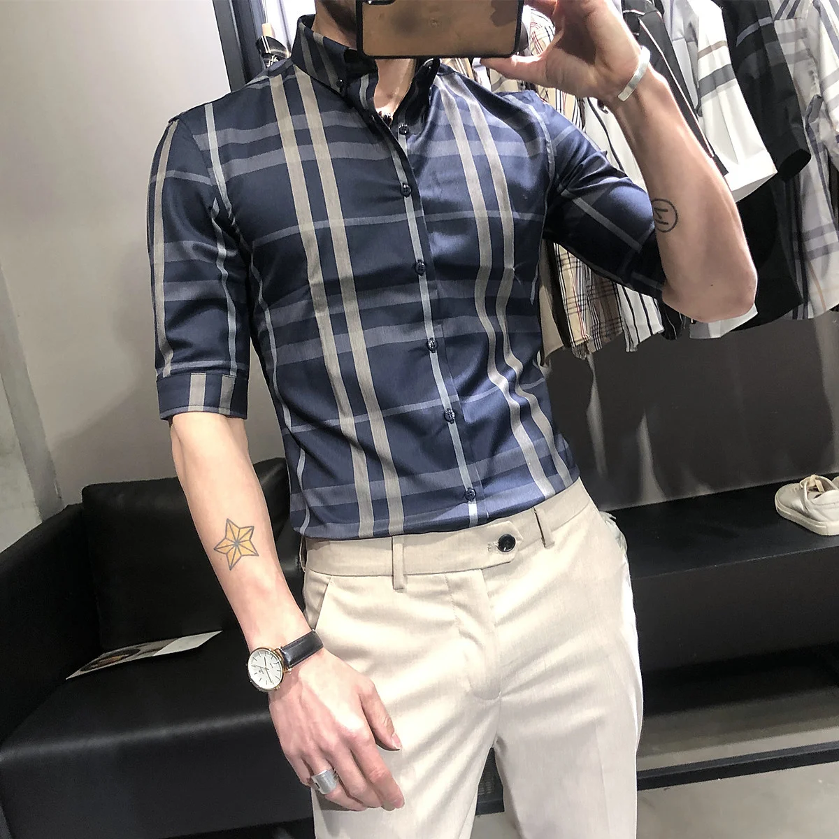 

Brand Plaid Shirts Men Short Sleeve Slim Fit 2024 Summer Casual Business Formal Dress Social Office Clothing