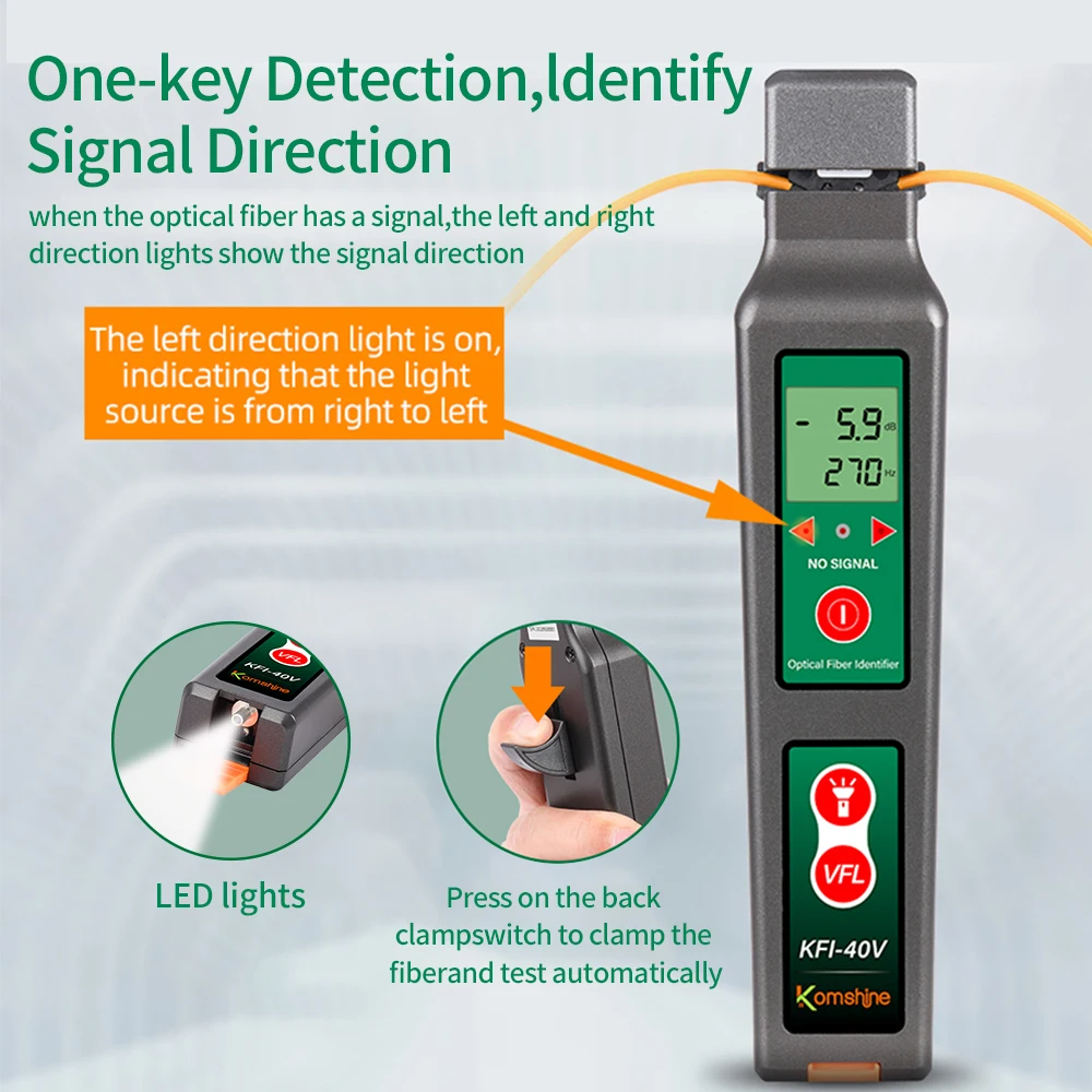 Imagem -06 - Komshine-classic Fiber Identifier Kfi40v 8001700nm Construído em Vfl Comprimento de Onda Fibra Óptica Power Meter com Auto Calibração