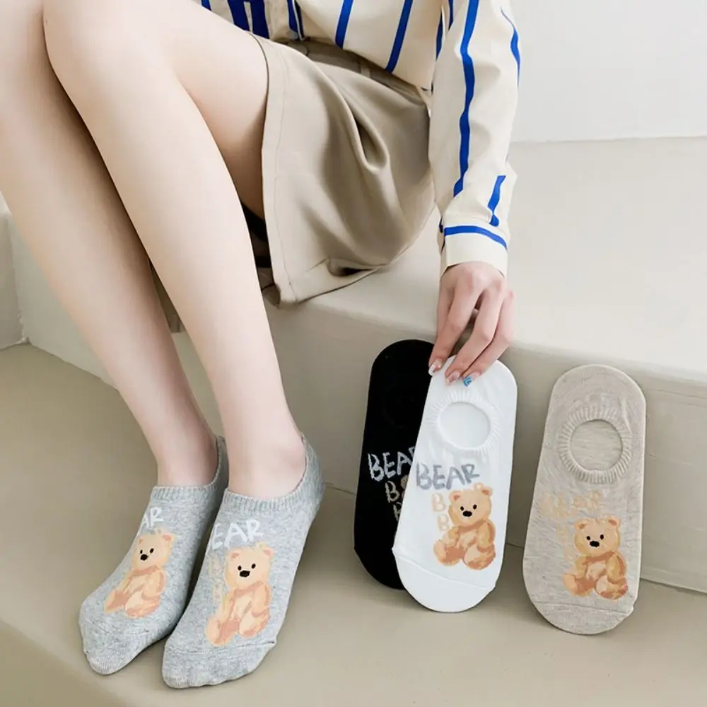 

Women Korean Style Boat Socks Spring And Summer Bear Print Socks Cotton Sweat-absorbing Breathable Ankle Refreshing Socks