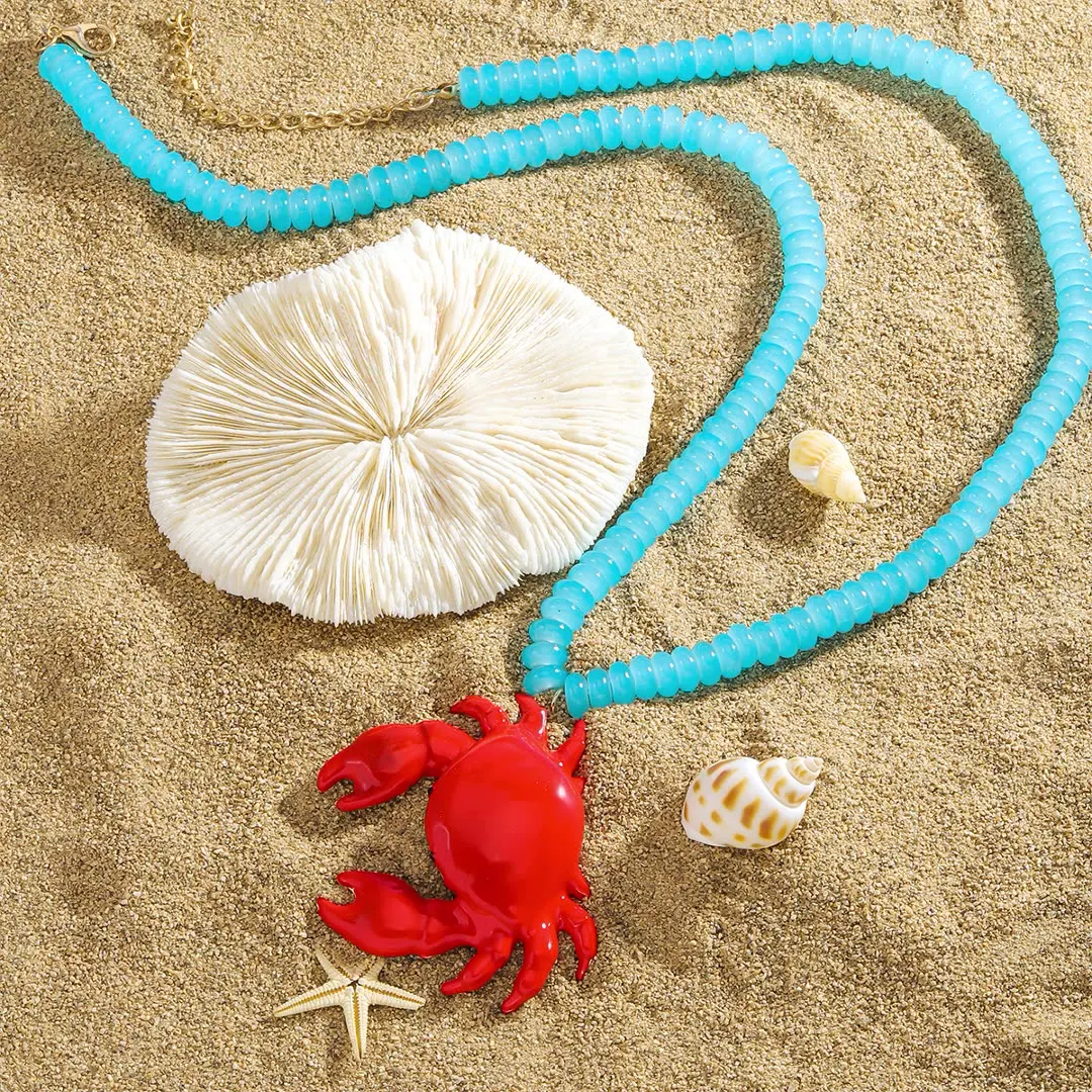 

ZA Handmade Crystal Beaded Enamel Crab Necklace Simple Textured Animal Pendant Necklace for Women Ocean Beach Vacation Accessory