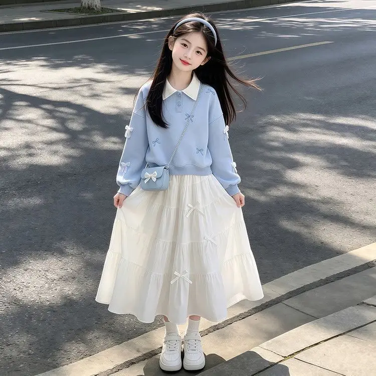 Girls 2026 Autumn Spring Casual Sweet College Style Bowknot Hoodie+Skirt 2pcs Suit Teenage Trendy Outfits Clothes Sets