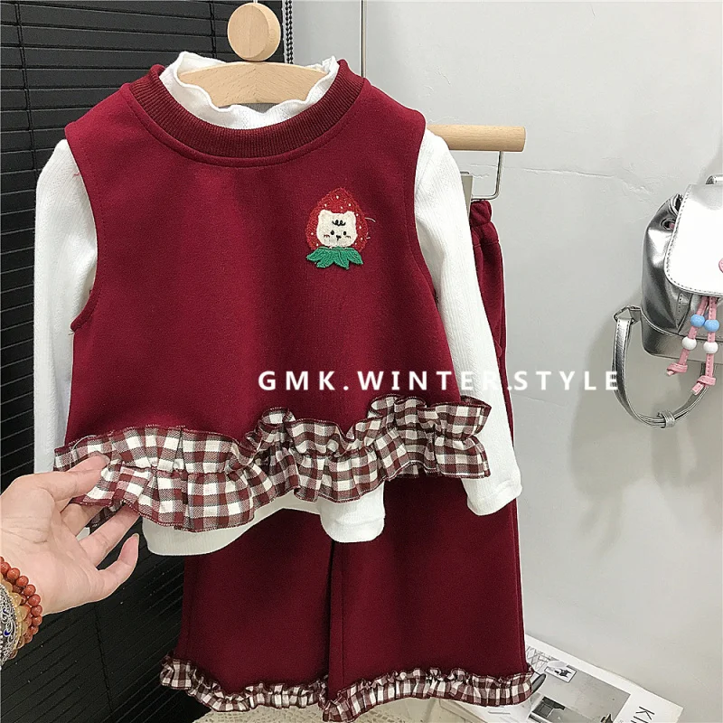 

Girls' Vest Set Spring and Autumn New Children's Autumn Outfit Girl Doll Collar Base Shirt Three-Piece Set Autumn