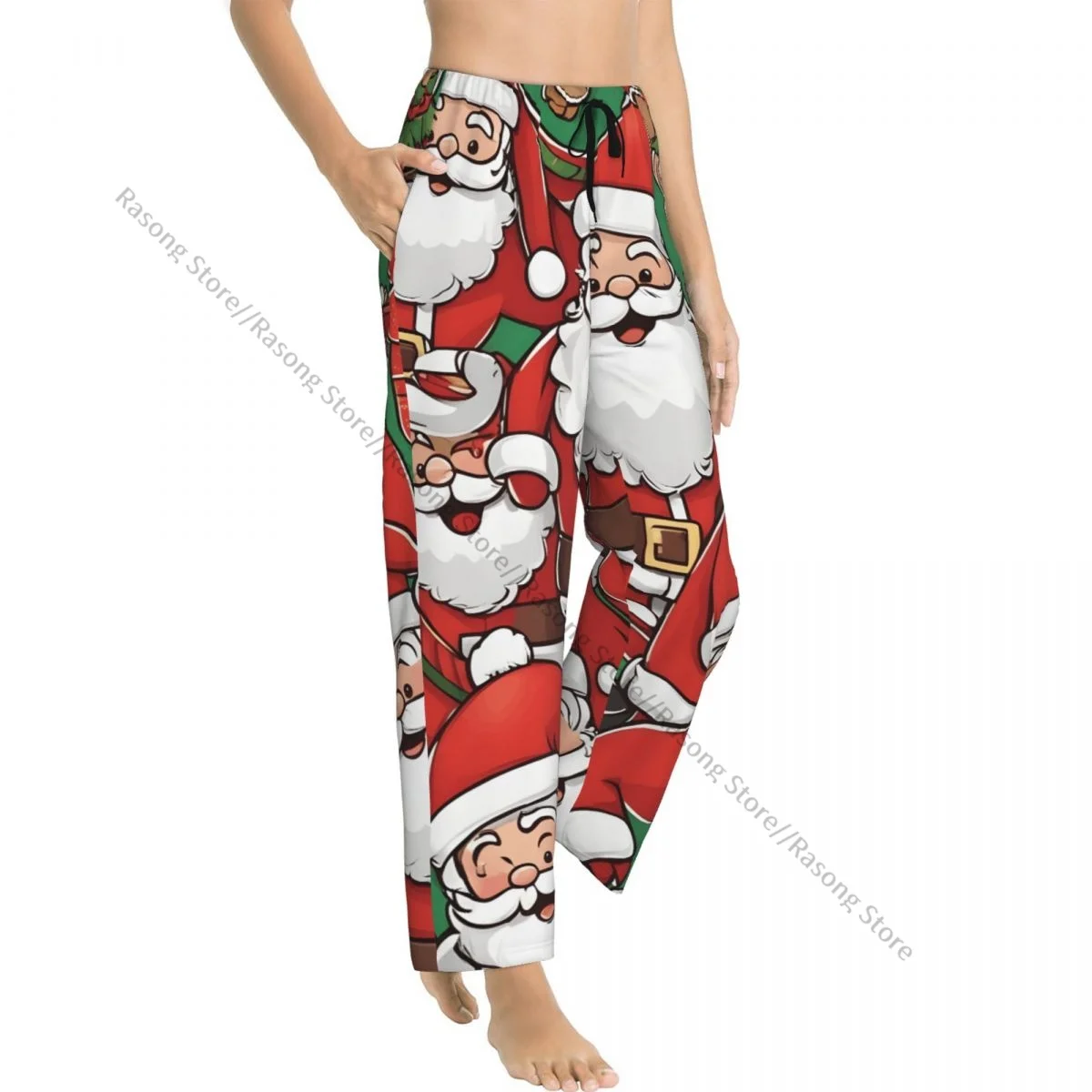 Funny Santa Claus Christmas Flannel Pajama Pants for Women Soft Warm Sleep Pants with Elastic Waistband