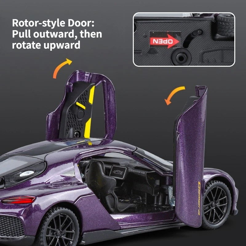 โมเดลรถสปอร์ตโลหะผสม 1:24 โคเอนิกเซ็ก จีมินี พร้อมเสียง แสง ฟังก์ชั่นเปิดประตู และฟังก์ชั่นดึงหลังสำหรับเด็ก