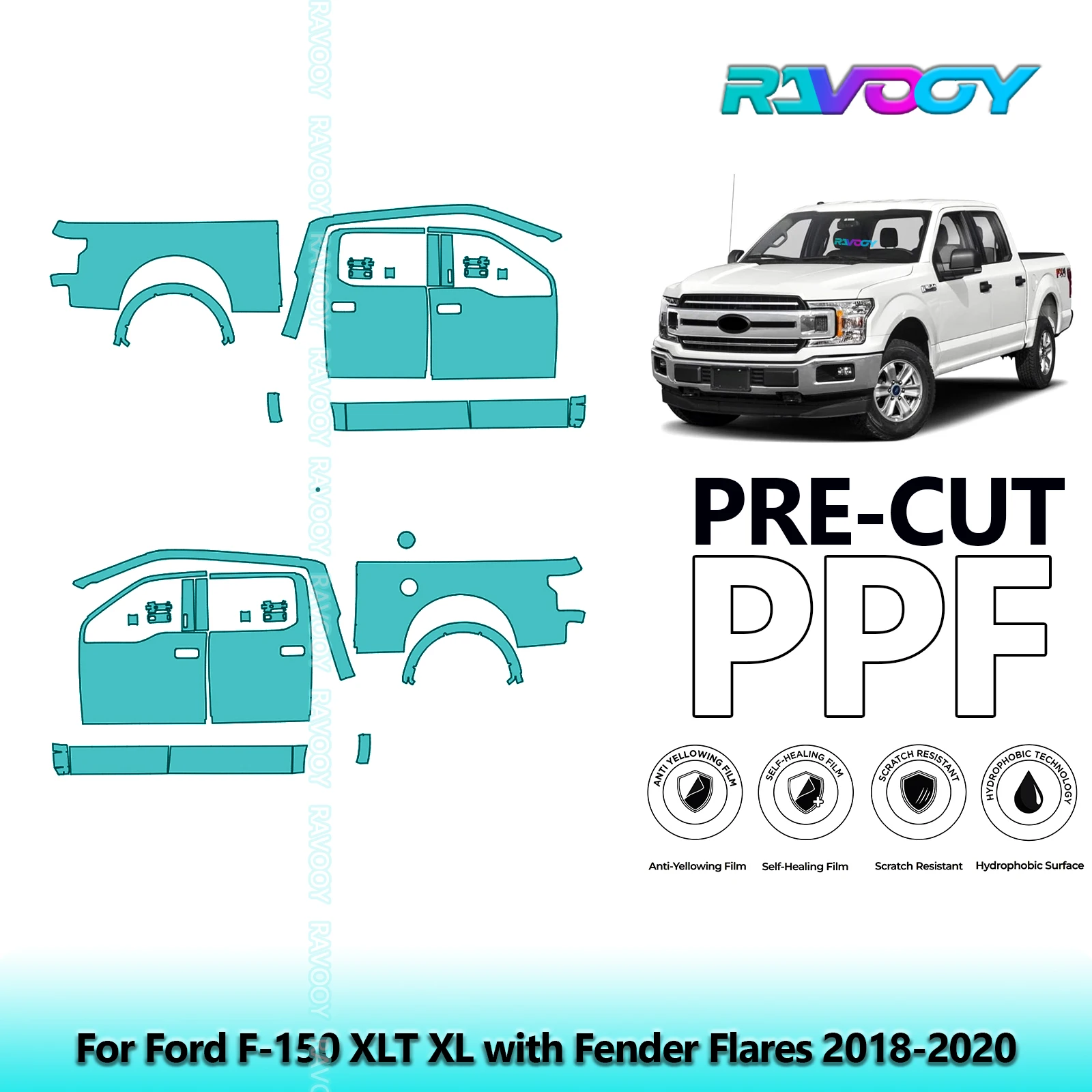 

For Ford F-150 XLT XL with Fender Flares 2018-2020 8.5mil Pre-Cut PPF Door & A/B Pillar Kit TPU Paint Protection Film Set