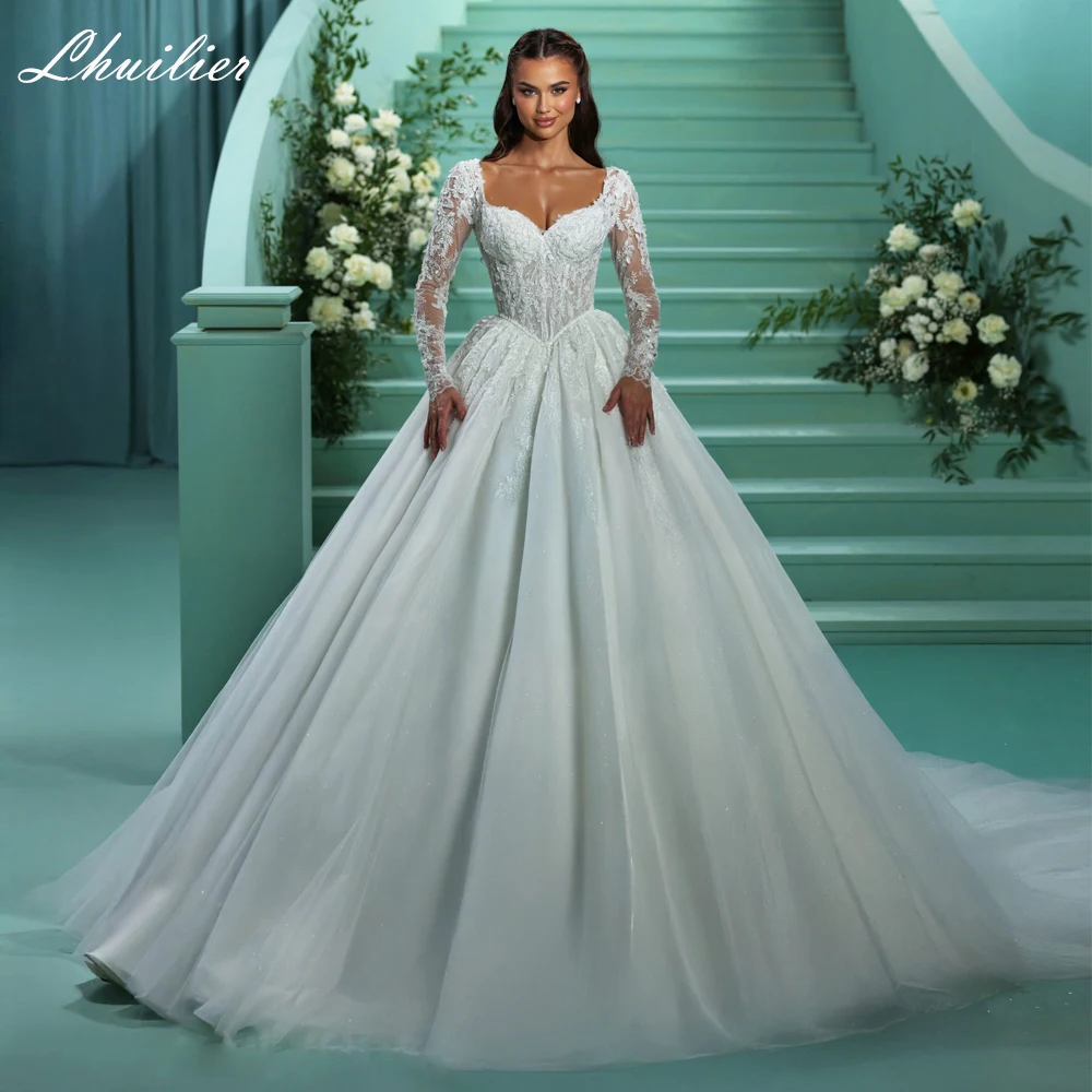 

Lhuilier Customized Ball Gown V Neck Wedding Dresses Full Sleeves Beaded Lace Shiny Tullle Bridal Dress with Chapel Train