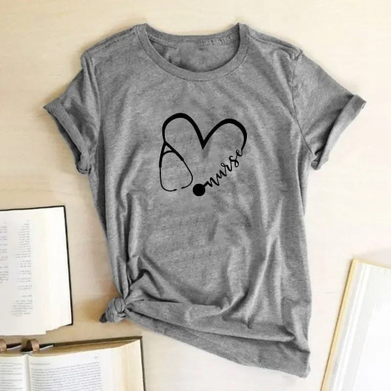 Nurse Stethoscope Heart Print T Shirt Women Short Sleeve O Neck Loose Tshirt Summer Women Tee Shirt Tops Camisetas Mujer