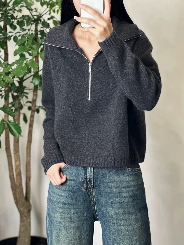 Autumn and winter women\'s casual solid color lapel long sleeved loose sweater