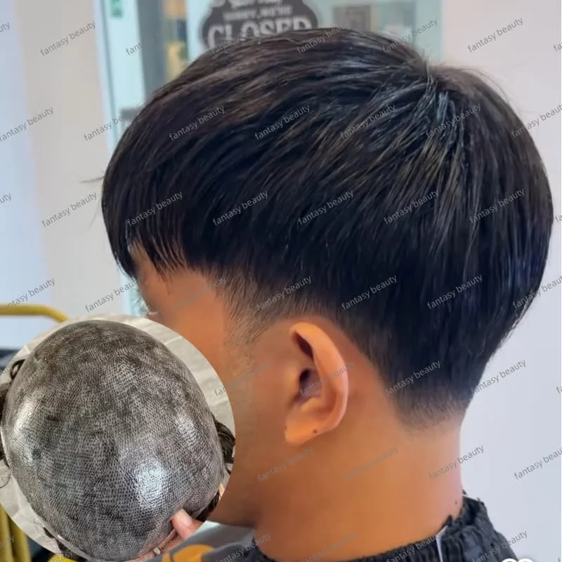 0.1 مللي متر سمك بولي قاعدة 130% الكثافة الخامس حلقة باروكة من شعر طبيعي الذكور الرجال شعري طبيعي دائم بولي Pu للشعر الذكور #1