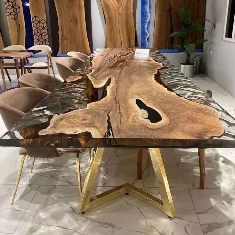 Wholesale Dining Room Furniture Restaurant Solid Walnut Wood Kitchen Epoxy Resin Slab River Dining Table Top