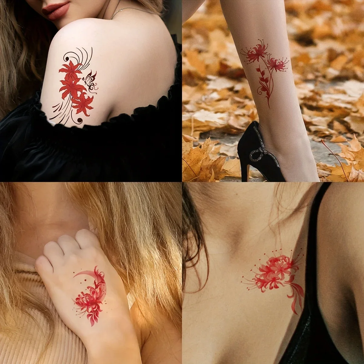 30pcs/lot Aesthetic Floret Temporary Tattoo Stickers Red Lily Garland Plant Waterproof Tattoos for Summer Women Chest Neck Back