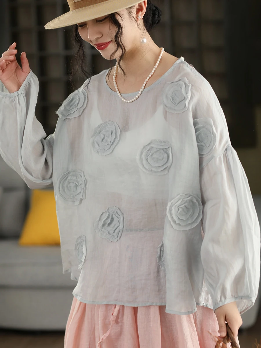 

Rose Print Women's Shirt 100% Flax Fabric Lantern Sleeve Overhead Style Vintage Loose Fit Long Sleeve round Neck Garden Beauty