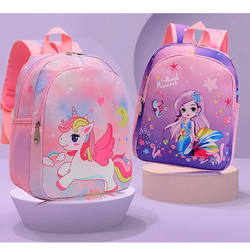 Mochila cor gradiente para crianças pequenas e meninas, desenho animado animal sereia padrão, jardim de infância escola primária mochilas