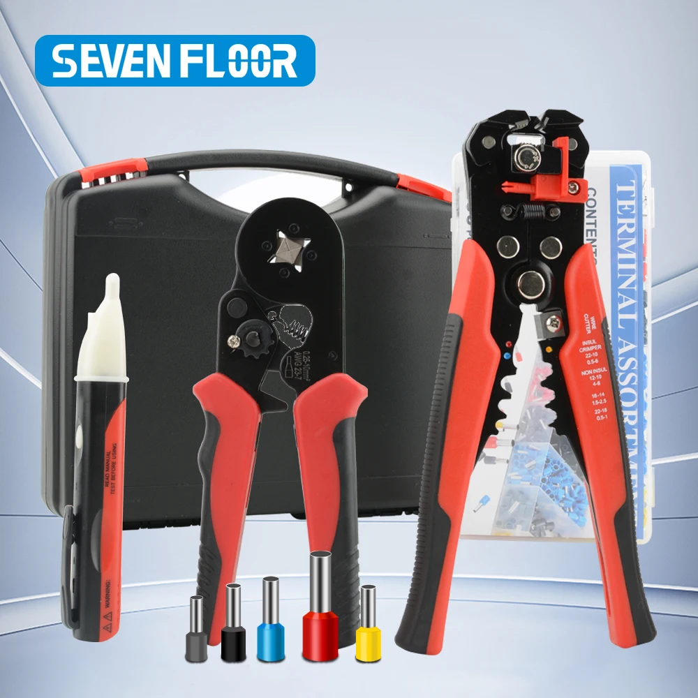 

Crimper Stripping Pliers Set Ferrule Crimping Tool Kit with 2000pcs Terminals Connectors Toolbox and Voltage Tester Pen