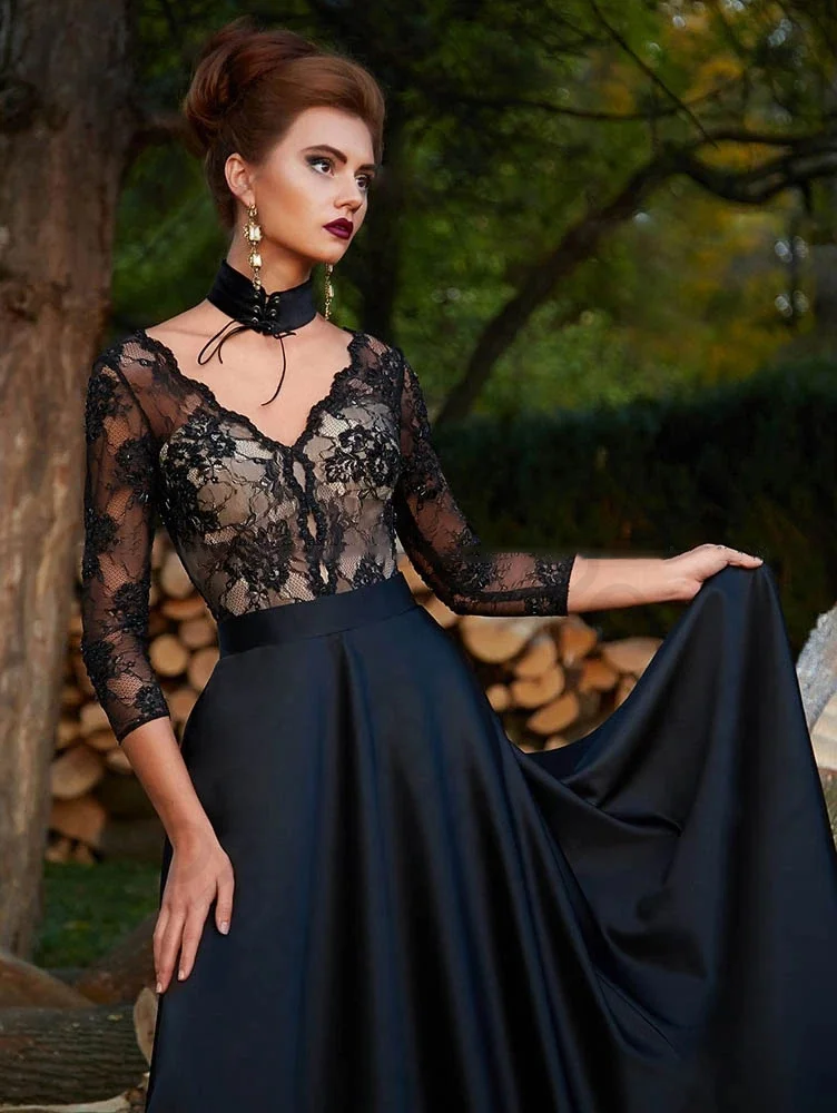 Vestidos de Noche de encaje negro personalizados, apliques de satén con cuello en V, mangas largas caladas, línea A, largo hasta el suelo, vestido Formal para fiesta de graduación