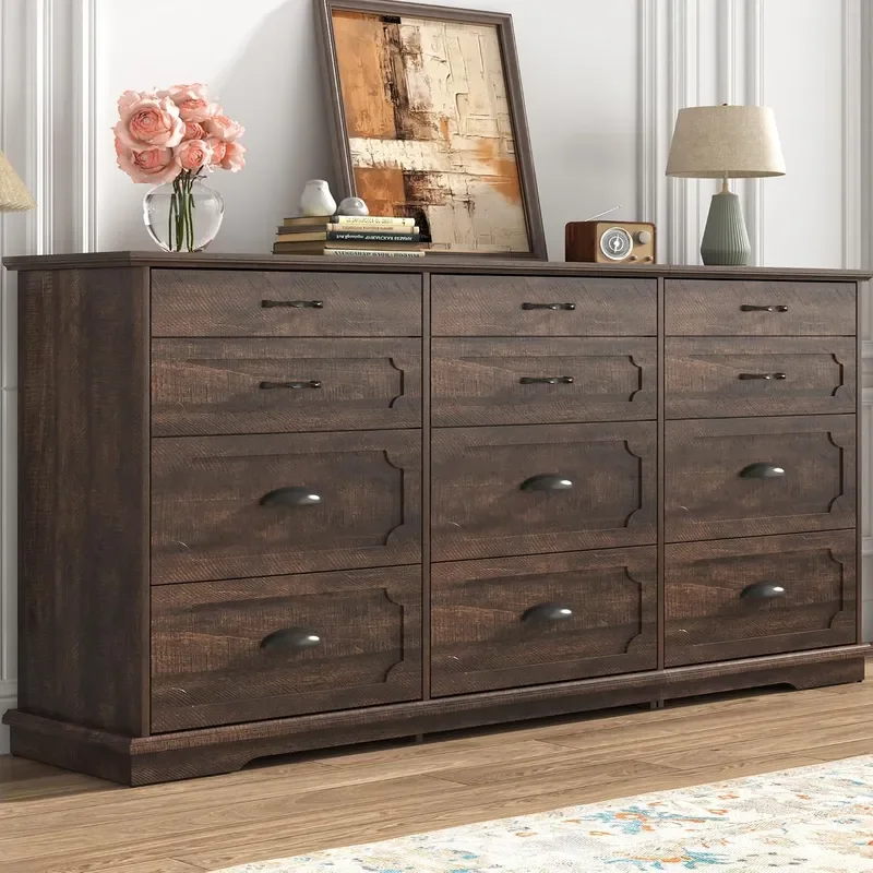 70inch Large Long Dresser w Charging Station 12 Drawer Dresser w Deep Big Drawers Wooden Chest of Drawers w Power Outlet