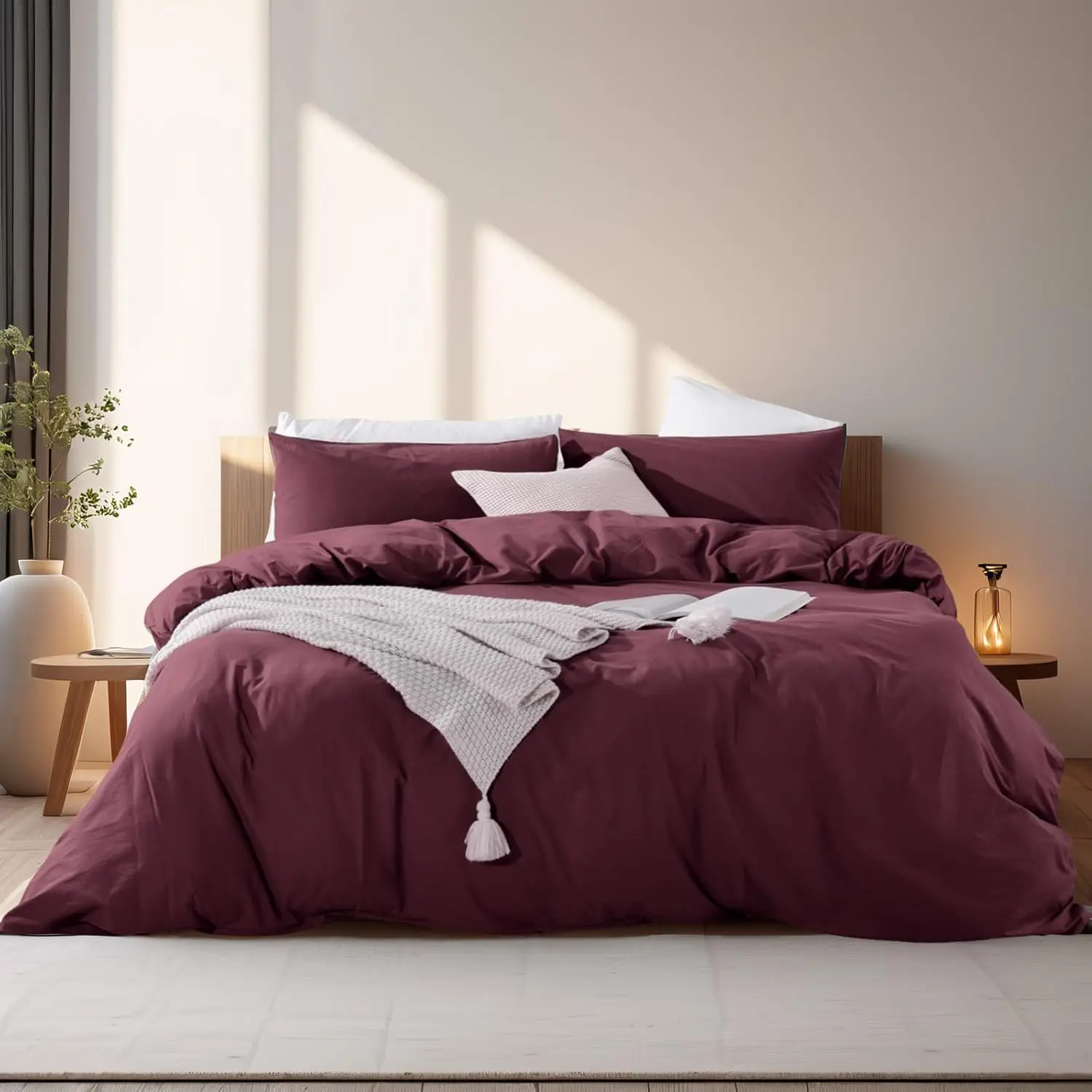 

100% Washed Cotton Duvet Cover Set Full Size, Linen Feel Textured 3 Pieces Bedding with Zipper Closure and Corner Ties,