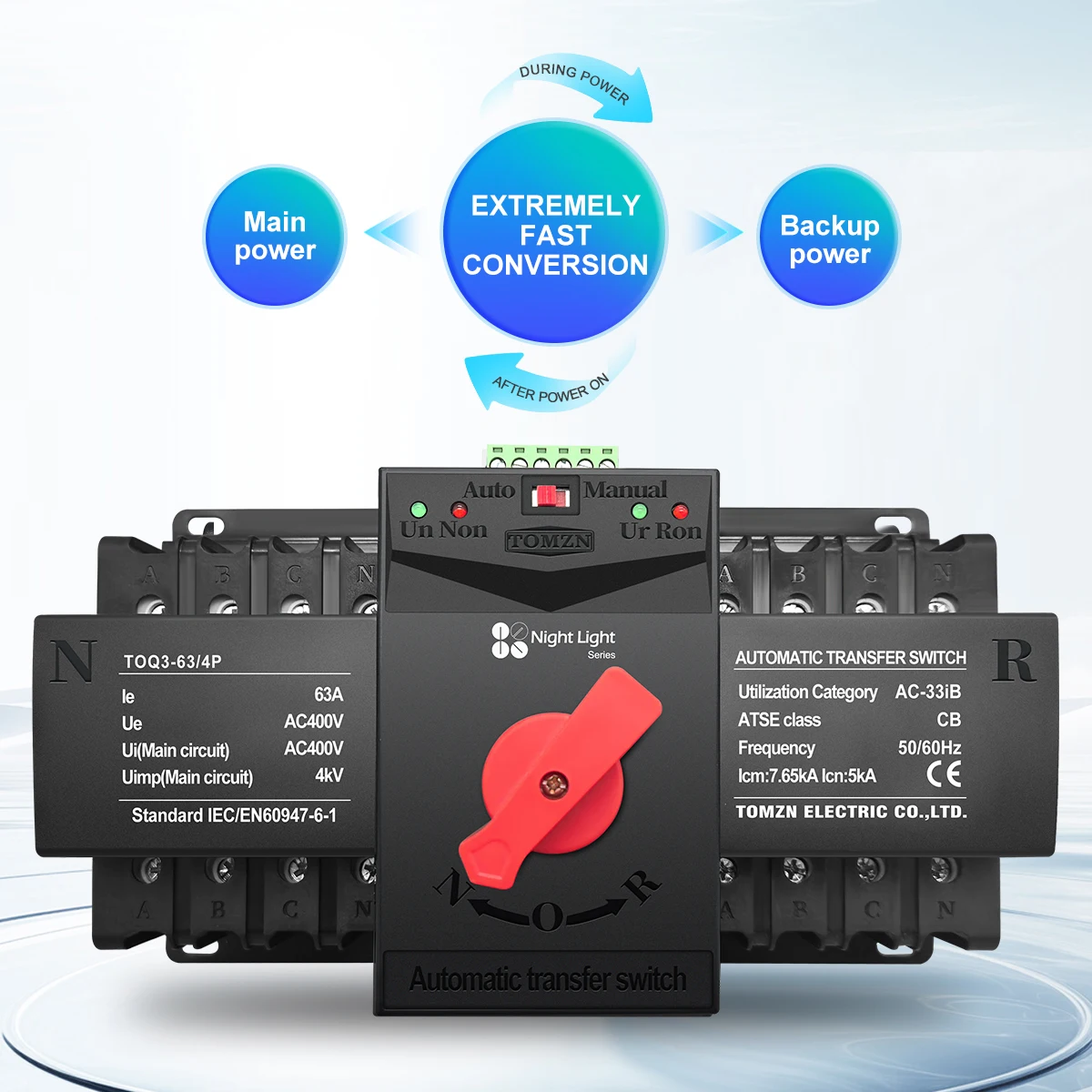 4P 63A 125A 220V 230V 50/60Hz MCB Type Dual Power Automatic Transfer Switch ATS 2 Input 2 Output Night Light Series