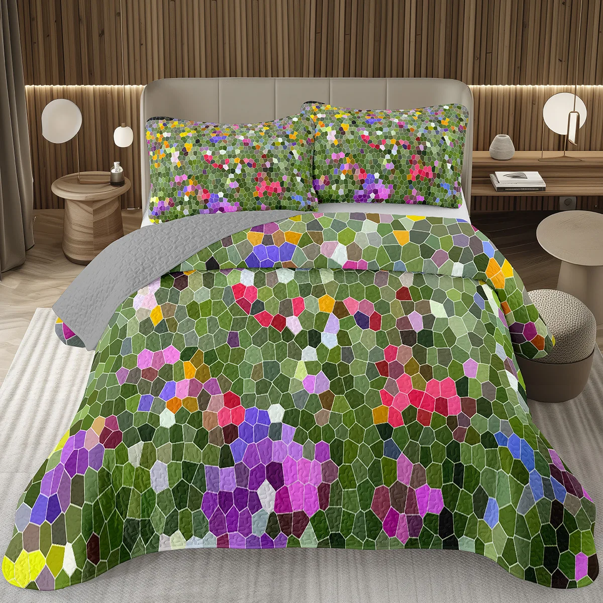 Stained Glass Bedspread Twin Queen Irregular Colorful Stone Quilted Coverlet Mosaic Texture Geometric Bedding Set for Boys Girls