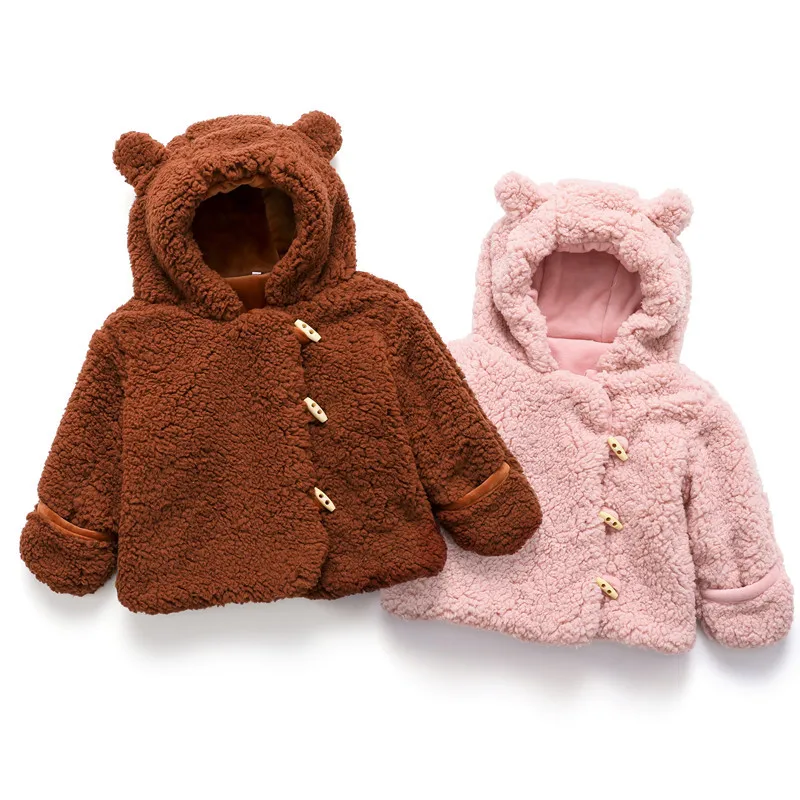 

2024 Children's Bear ears cute coat boys and girls babies solid color hoodie jacket children's fur clothing Lamb wool coat