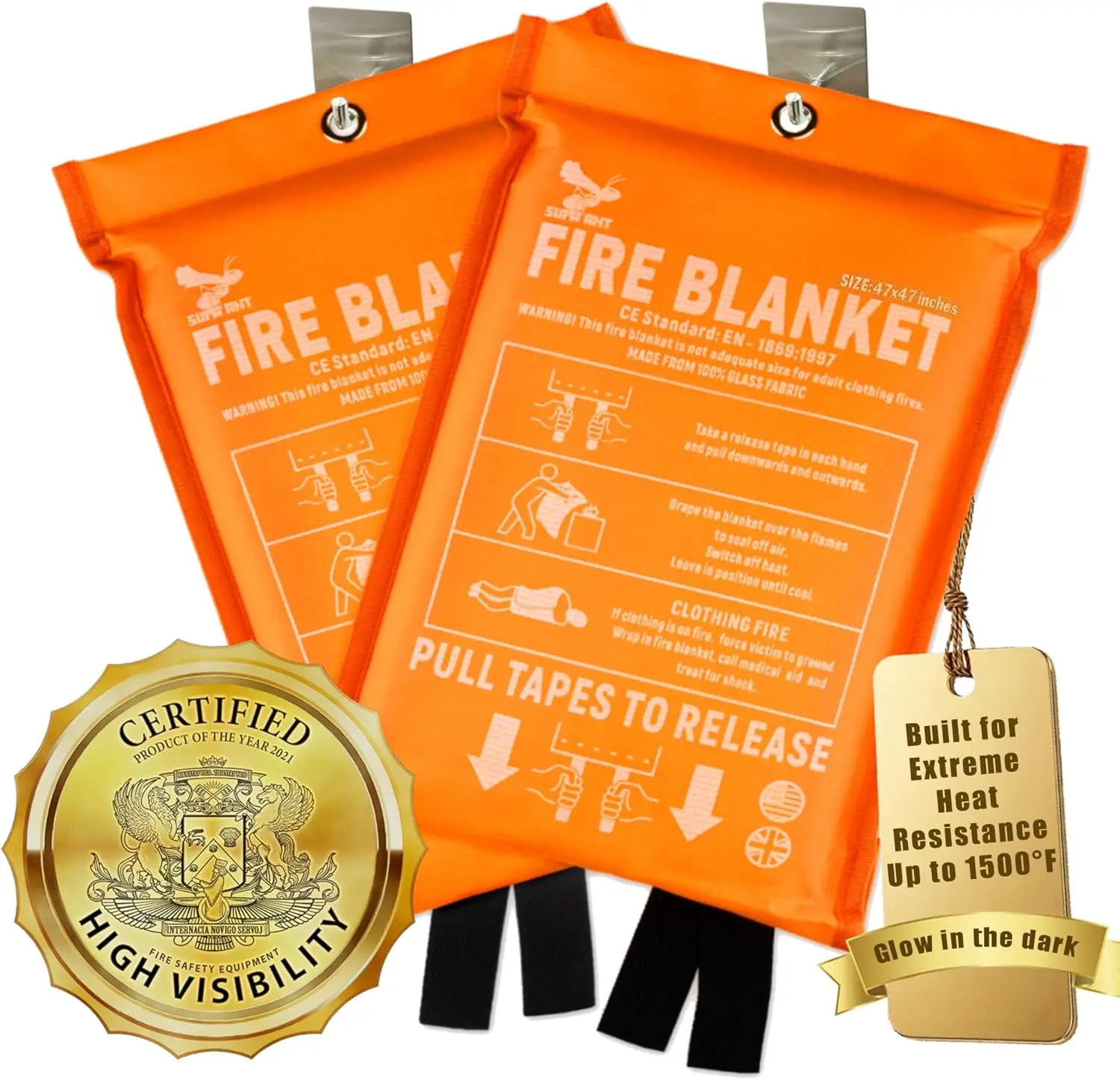 

Emergency Fire Blanket 1500F CE Certified, 500GSM Fabric & 0.5mm Thick for Home Kitchen Car Office, 2pc (47x47 inches)