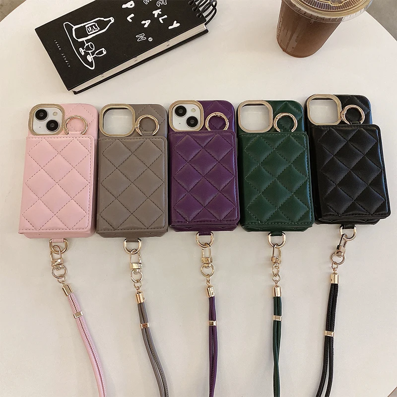 

Кожаный чехол для телефона с держателем для карт для iPhone 16, 14, 13, 11, 12 Pro Max 16 Plus, защитный чехол с ремешком через плечо и защитой от падения