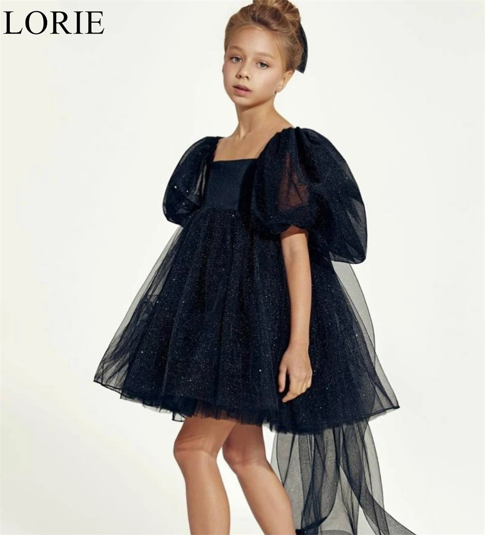 LORIE Cute Glitter Black Flower Girl Dress Square Neck Pleated A-Line Ribbon Puff Sleeves 2025 Sparkly Birthday Dress Customized