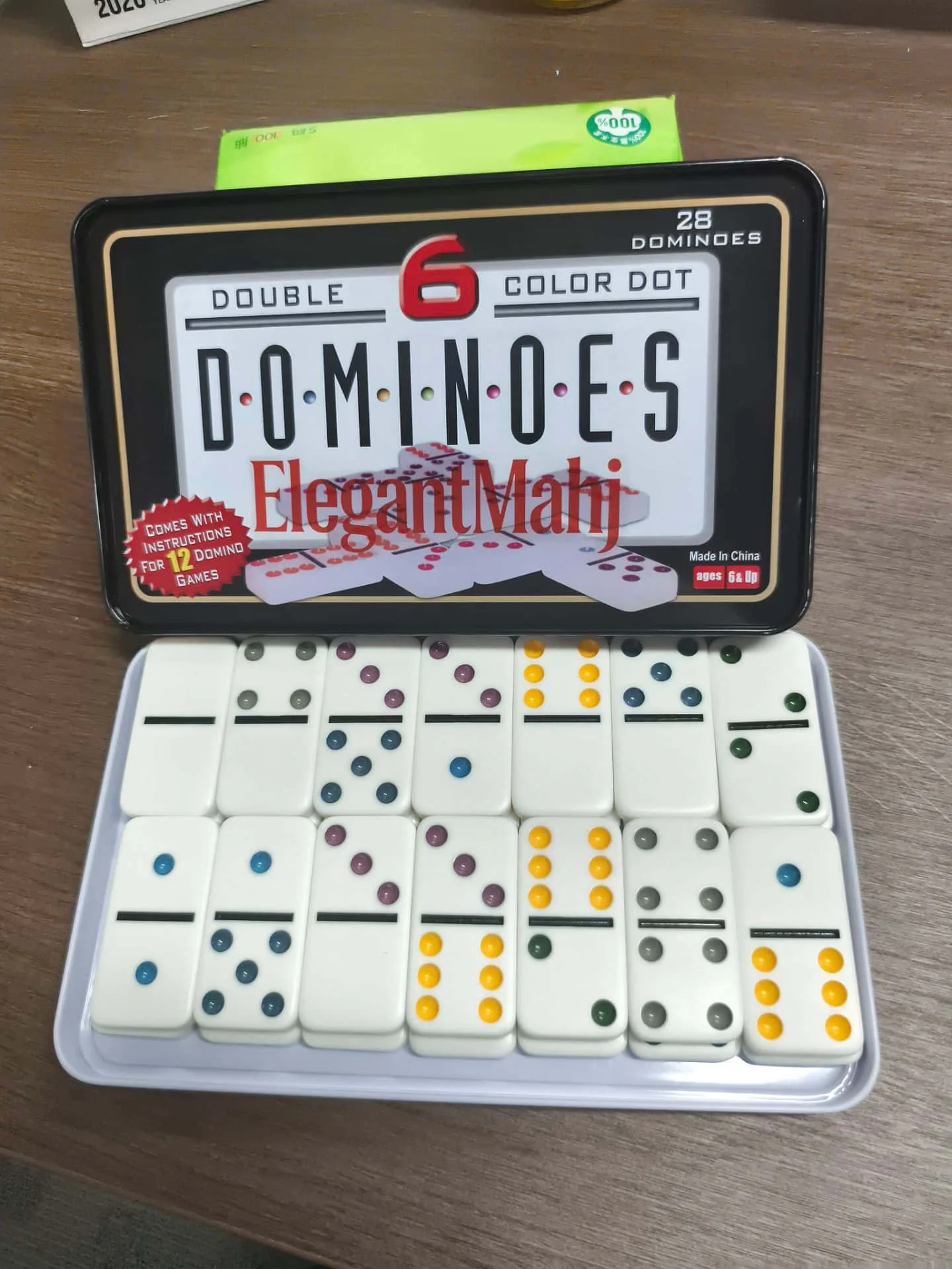 ElegantMahj Double Six Dominoes Set for Adults with Tin Box Storage - 28-Tile Colorful Dot Domino Game for Family, Party Board G