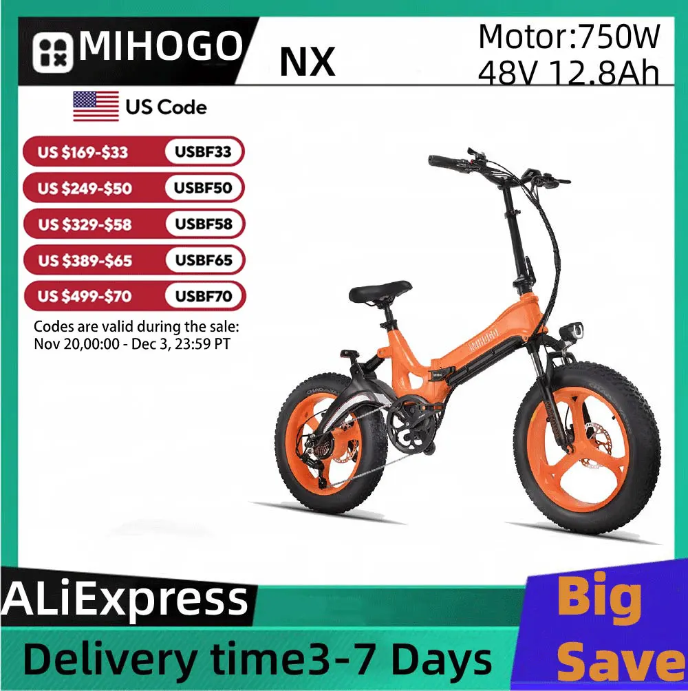

MIHOGO NX Adult Electric Bicycle, 750W city ebike, 48V 12.8AH E-bike, 20-Fat Tire Foldable Electric Bike