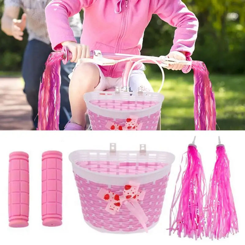 Kids Bike Basket Set Boys Girls Bicycles Basket With Handlebar Grips And Tassels Streamers Bicycle Accessories Two Color