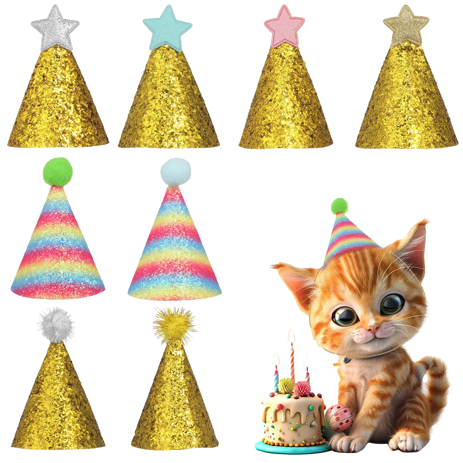 

8 Pcs Pet Birthday Hat Glitter Dog Cat Hats Party Photo Booth Accessories Lightweight Elastic Band Comfortable Fit