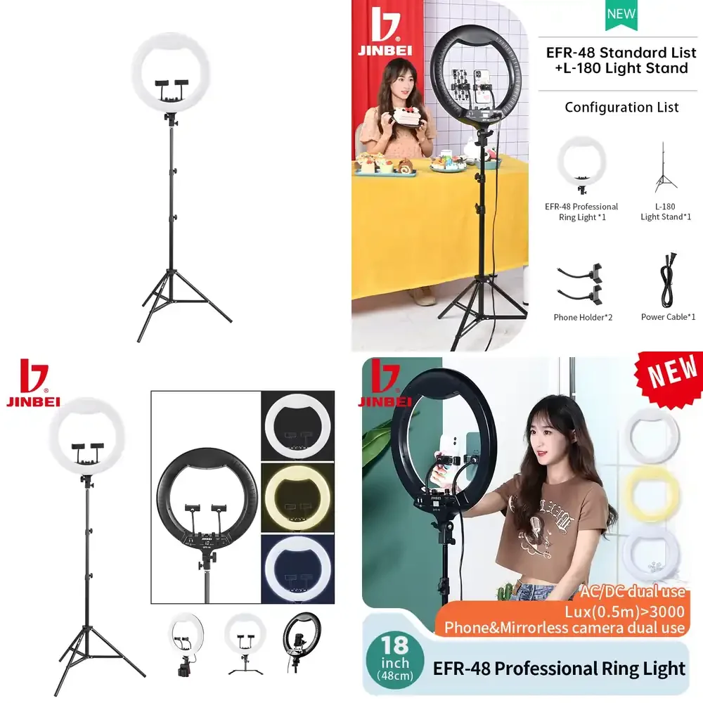 Aro de Luz LED para Selfies JINBEI EFR-48 con Trípode Portátil para Videos de YouTube, Transmisiones en Vivo, Maquillaje y Fotografía