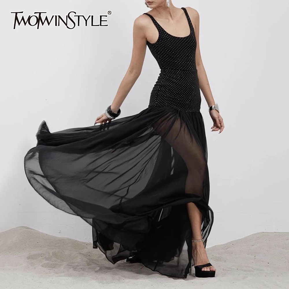 

TWOTWINSTYLE Hot Fix Two Piece Sets for Women Square Neck Sleeveless Top High Waist Sheer Patchwork Folds Skirt Set Female New