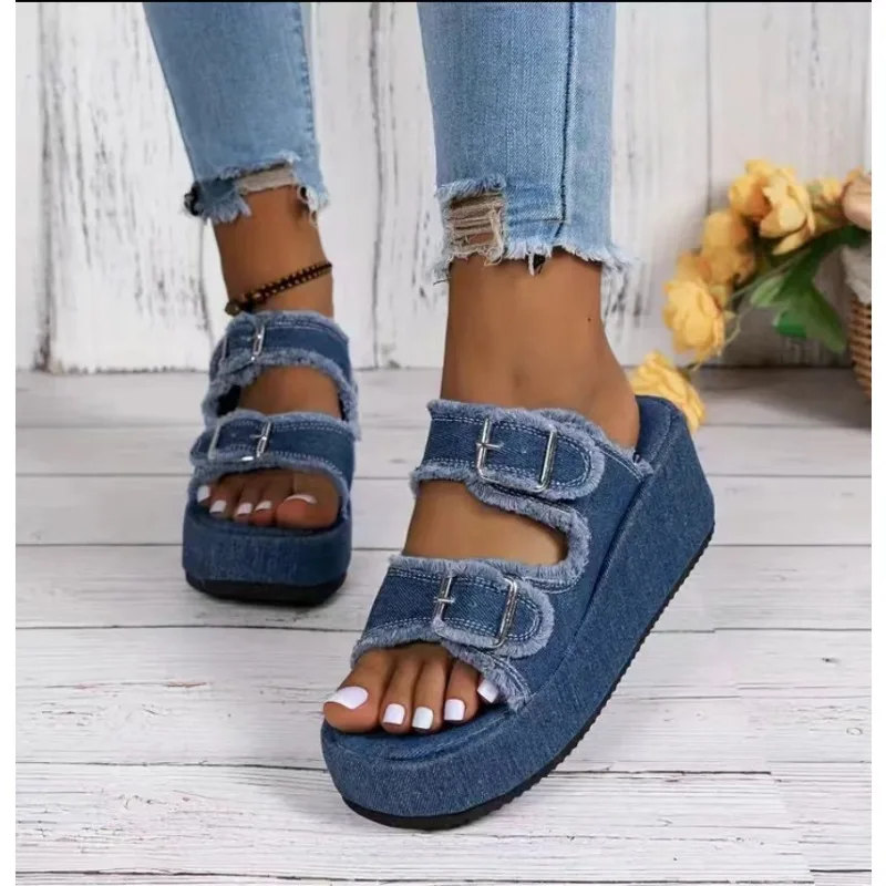 

Cowboy Wedges Slippers Shoes Women High Heels Platform Sandals Buckle Flip Flops 2026 Summer Fashion Pumps Zapatos Mujer Slides