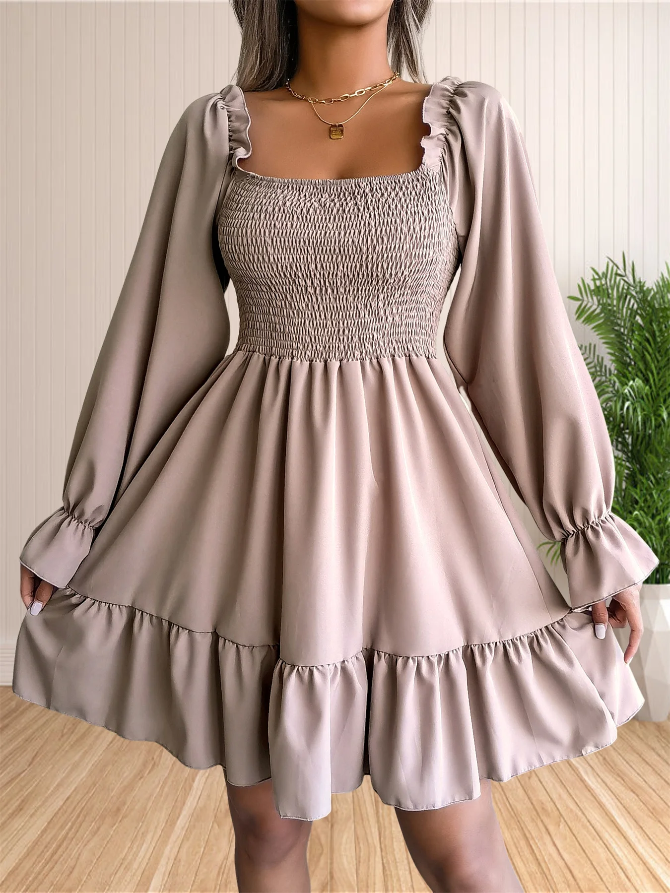 Womens Puff Sleeve Smocked Dresses Square Neck A Line Swing Flowy Ruffle Hem Babydoll Mini Dress