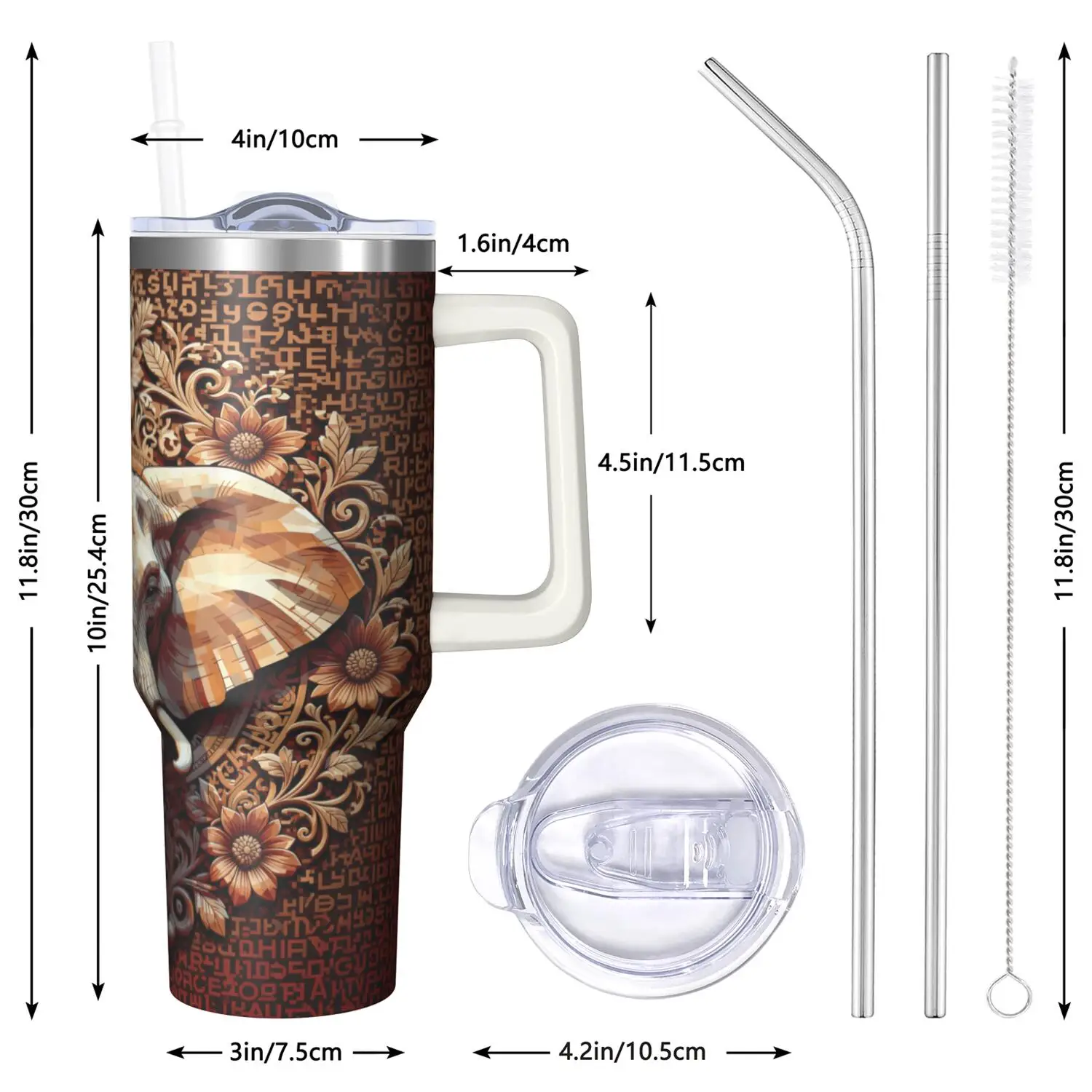 Elephant Handle Cup Set with Straw, Maximum Capacity 40oz, Inner Layer 304 Stainless Steel, Outer Layer 201 Stainless Steel, Seamless Inner Liner, Lid Made of PC Material, Suitable for Home, Office, Outdoor, Sports, and Car Use