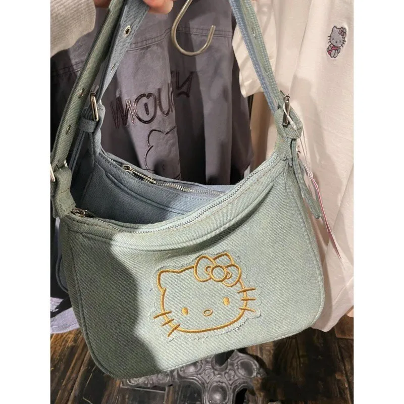 Miniso Hello Kitty Denim haftowana torba na ramię dla kobiet Y2k torebka moda regulowana torba pod pachami na prezent urodzinowy dla niej