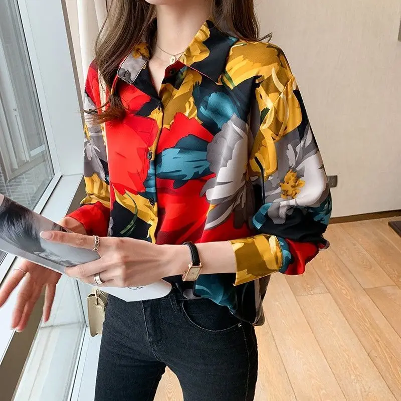 Female Elegant Floral Print Fashion Blouse Spring Autumn Vintage Casual Long Sleeve Korean Loose Turn-down Collar Button Shirt