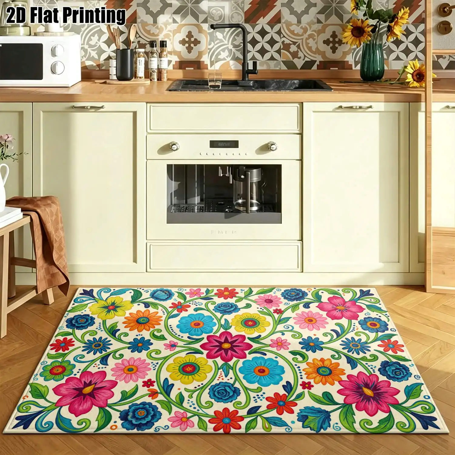 1Pc 2D Printed Retro Floral Bohemian/European/Instagram Style Carpets, Home Decor, Multi-Size, Machine Washable, for Entrance, Dining, Foyer, Study, Living Room, Bedroom