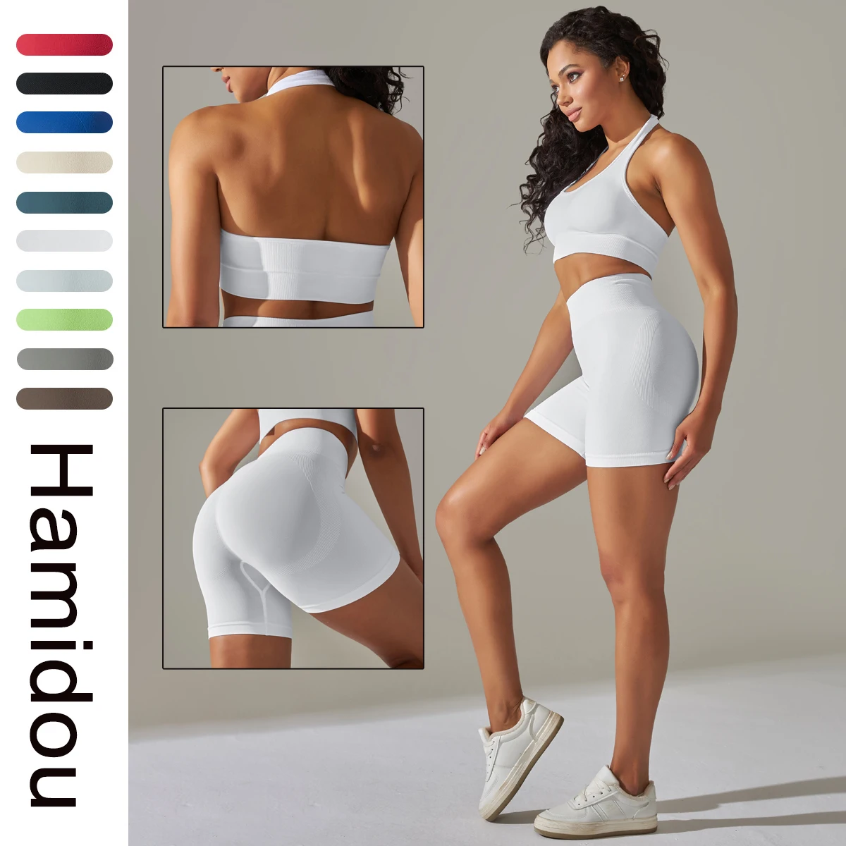 Quick Drying Seamless Knitted 2 Pieces Set for Woman GYM Sports Push Up Fitness Running Shorts Solid Color Neck Strap Bra Set