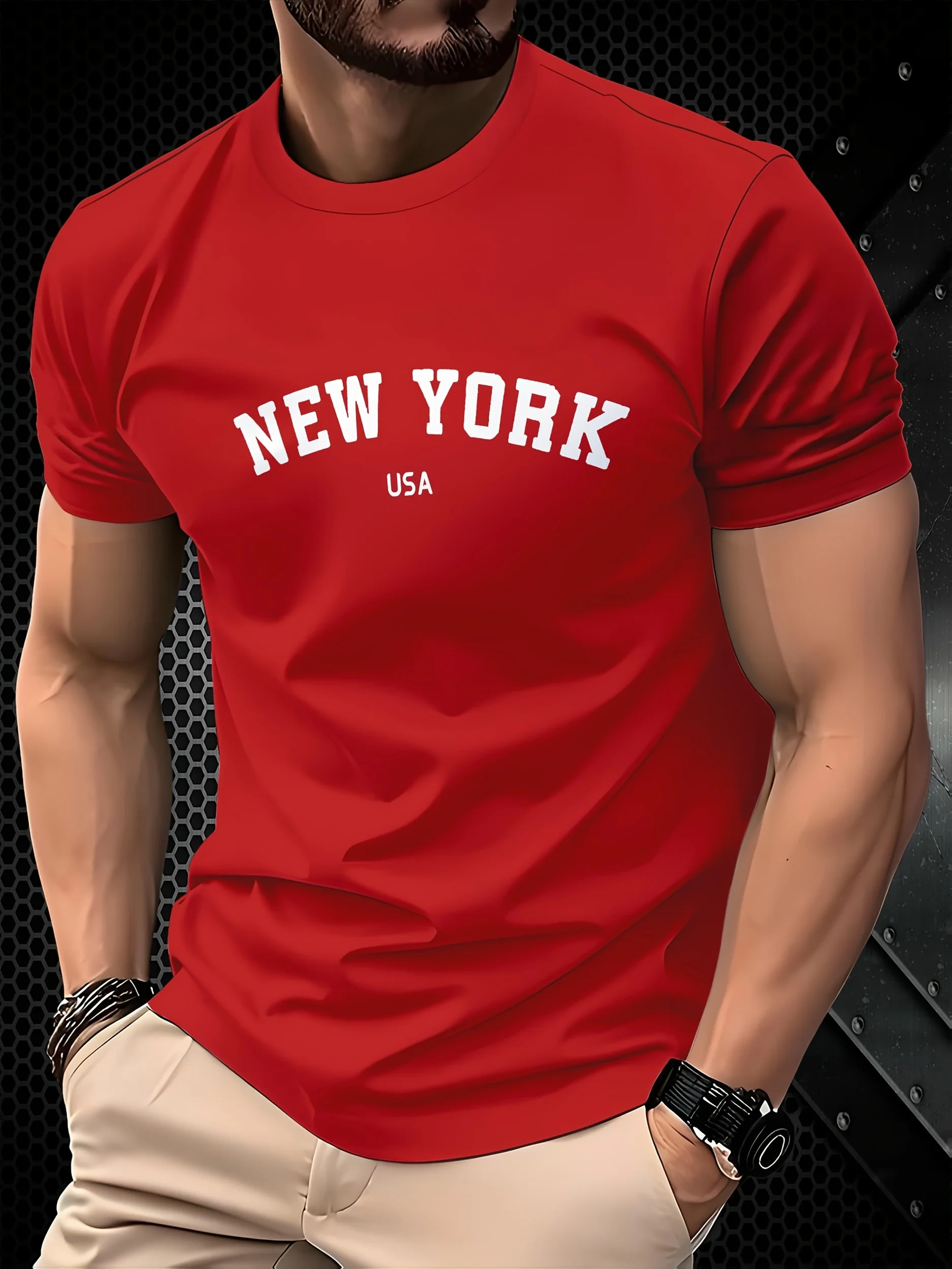 Men's Summer Fashion Short-Sleeve T-Shirt Casual Relaxed Fit Letter Print Crew Neck Short-Sleeve T-Shirt Top