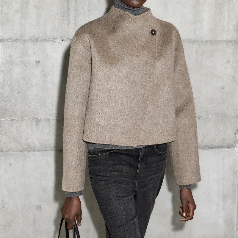 

Minimalist Luxury Style Woolen Blend Coat Trendy Single Button Stand Collar Short Outwears 2025 NEW Autumn Winter Lady Coats