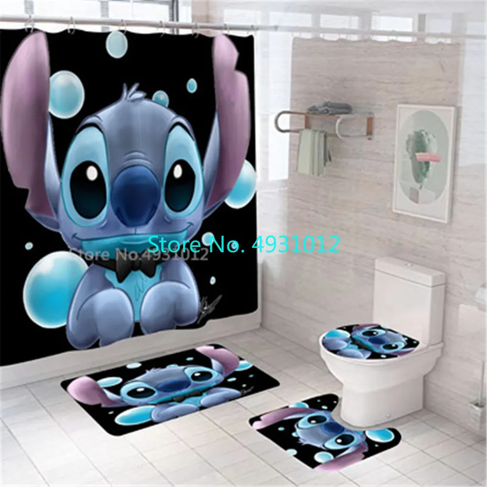 Hot Catoon 3D Lilo Stitch Bathroom Non-slip Mat Set Waterproof Funny Shower Curtain Pedestal Toilet Cover Bath Mat Rug