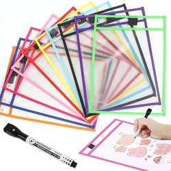 Poches effaçables à sec réutilisables avec stylo pour enfants, pocommuniste transparentes bricolage, face lettre A4, fichier l'horloge utilisé pour les fournitures fuchsia