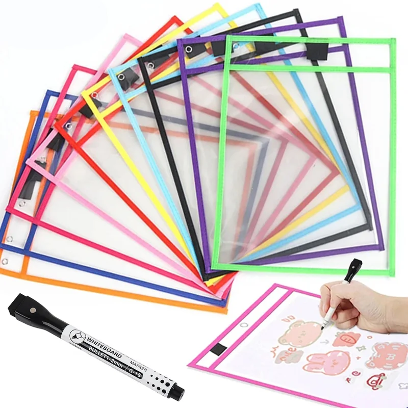 Reusable File Dry Erasable Pockets with Pen Kids Transparent DIY Pockets A4 Letter Hanging PET File Used for Teaching Supplies