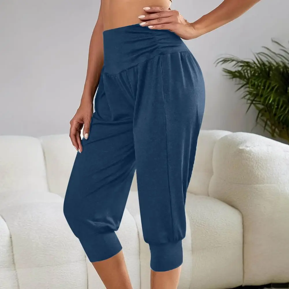 Calça esportiva casual feminina, elegante calça recortada, elástico, cintura alta, ajuste solto, ioga