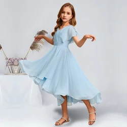 Elegant A-Line V-Neck Asymmetrical Chiffon Junior Bridesmaid Dresses Sky Blue Beautiful Flower Girl Dresses Party Wedding Kids