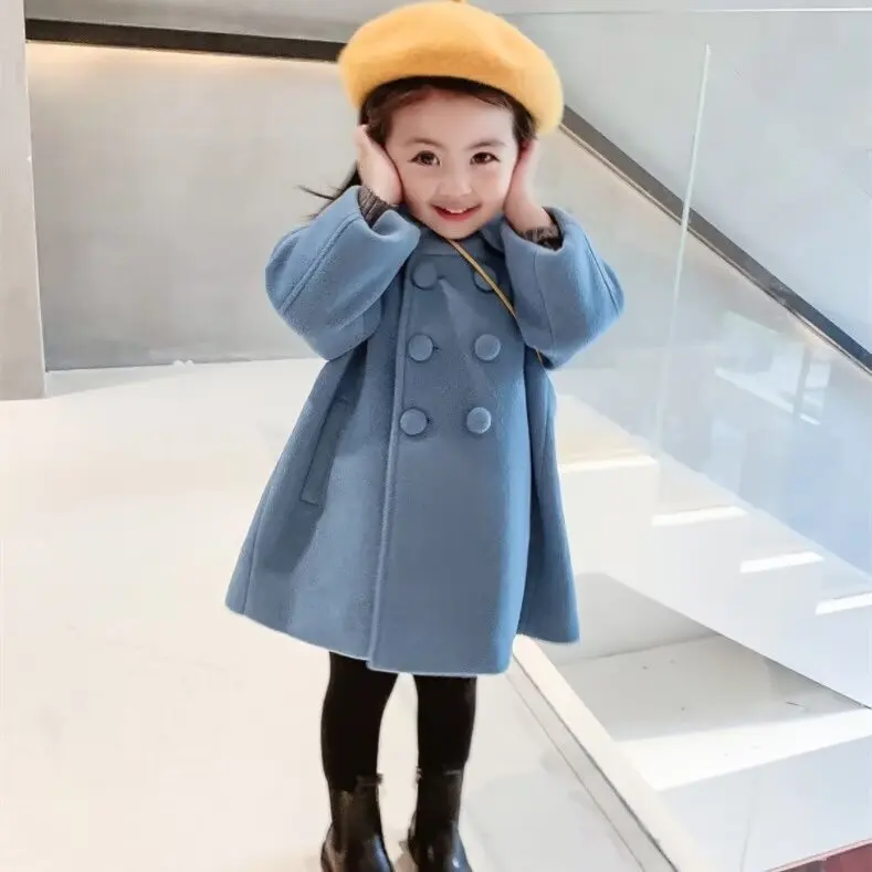 Winter Girl Baby Jacket Outdoor Cardigan Children\'s Medium Length Woolen Cotton Coat Thickened Double Breasted Jacket New 2024