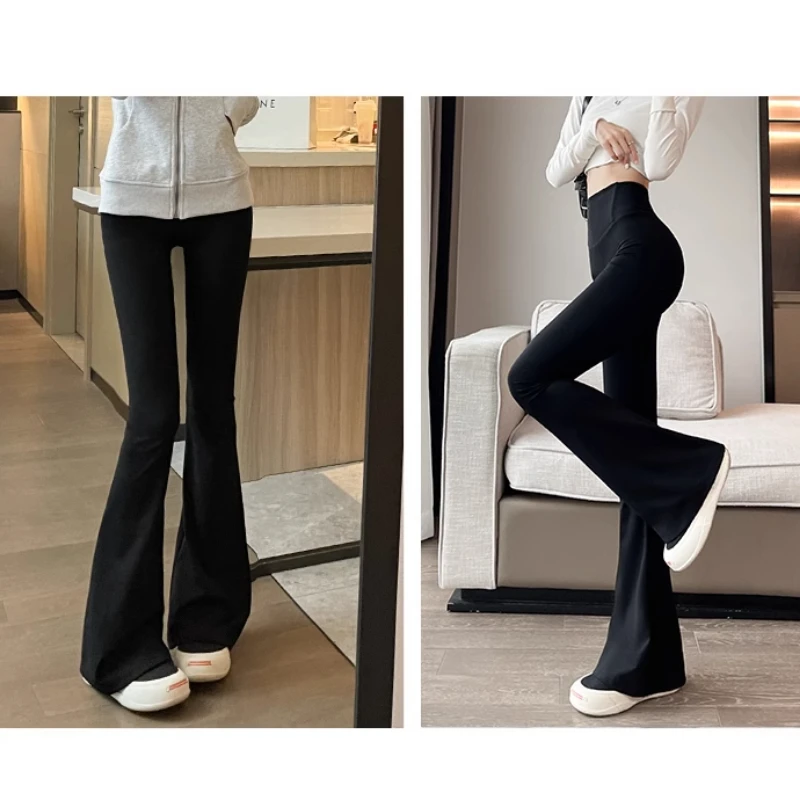 여성용 샤크 플레어 팬츠 하이웨이스트 스키니 블랙 캐주얼 봄 가을 2025 댄스 요가 마이크로풀